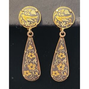 Vintage DAMASCENE Gold & Black Dangle Drop Flowers & Birds Clip On 2" Earrings